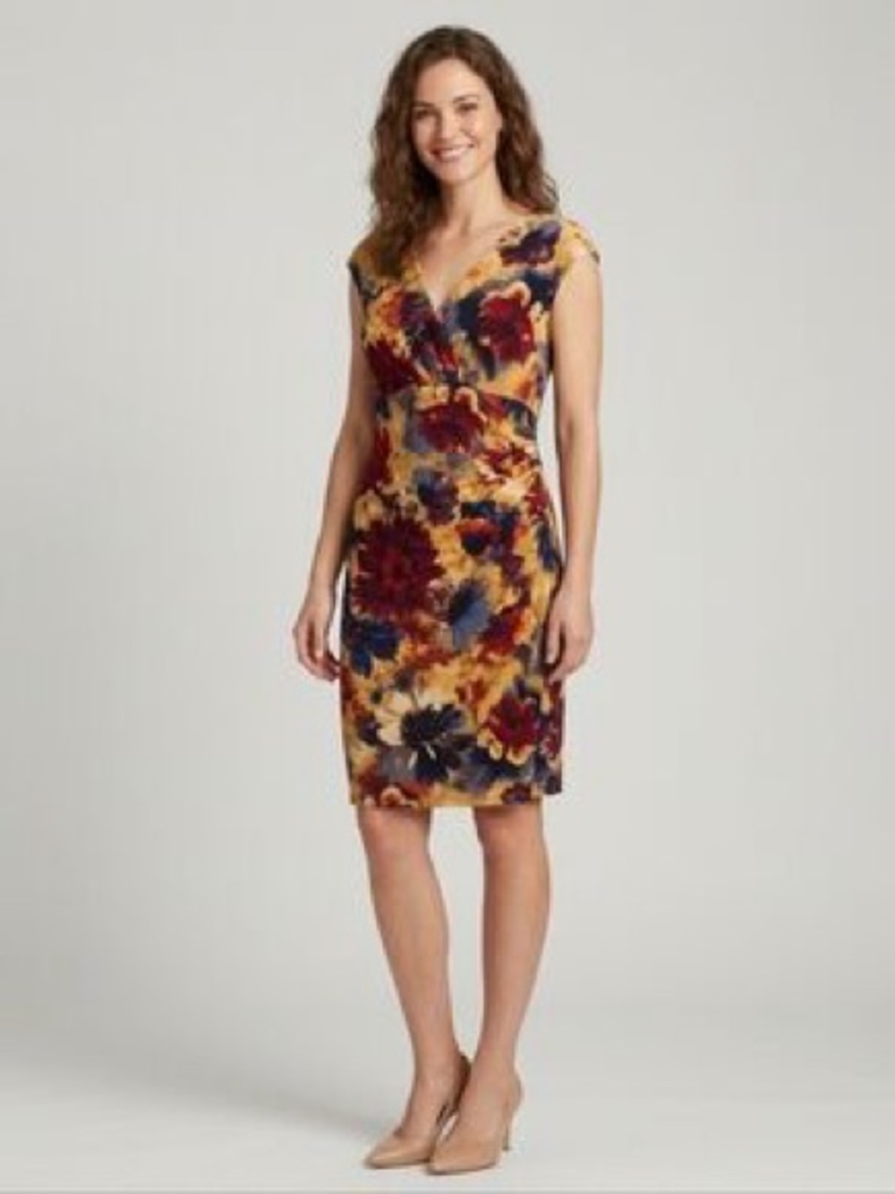 Ralph Lauren Floral V-Neck Cap Sleeve Midi Dress in Burgundy, Navy & Mustard